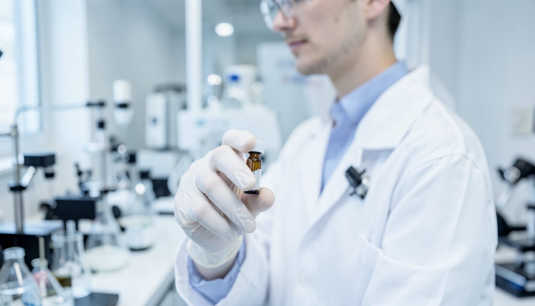 A researcher in a laboratory holding a small vial in cool white and steel tones, a focused scientific environment