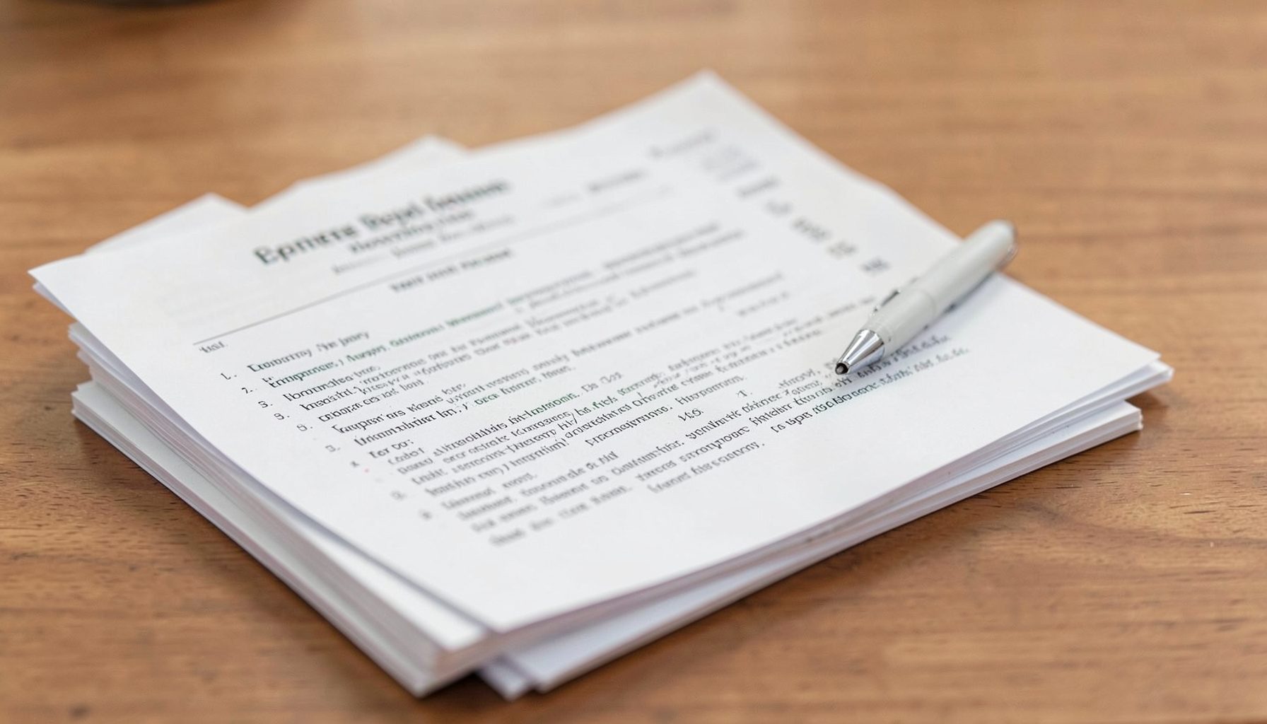 A stack of insurance and finance paperwork with a pen on a warm wooden desk in calm neutral tones