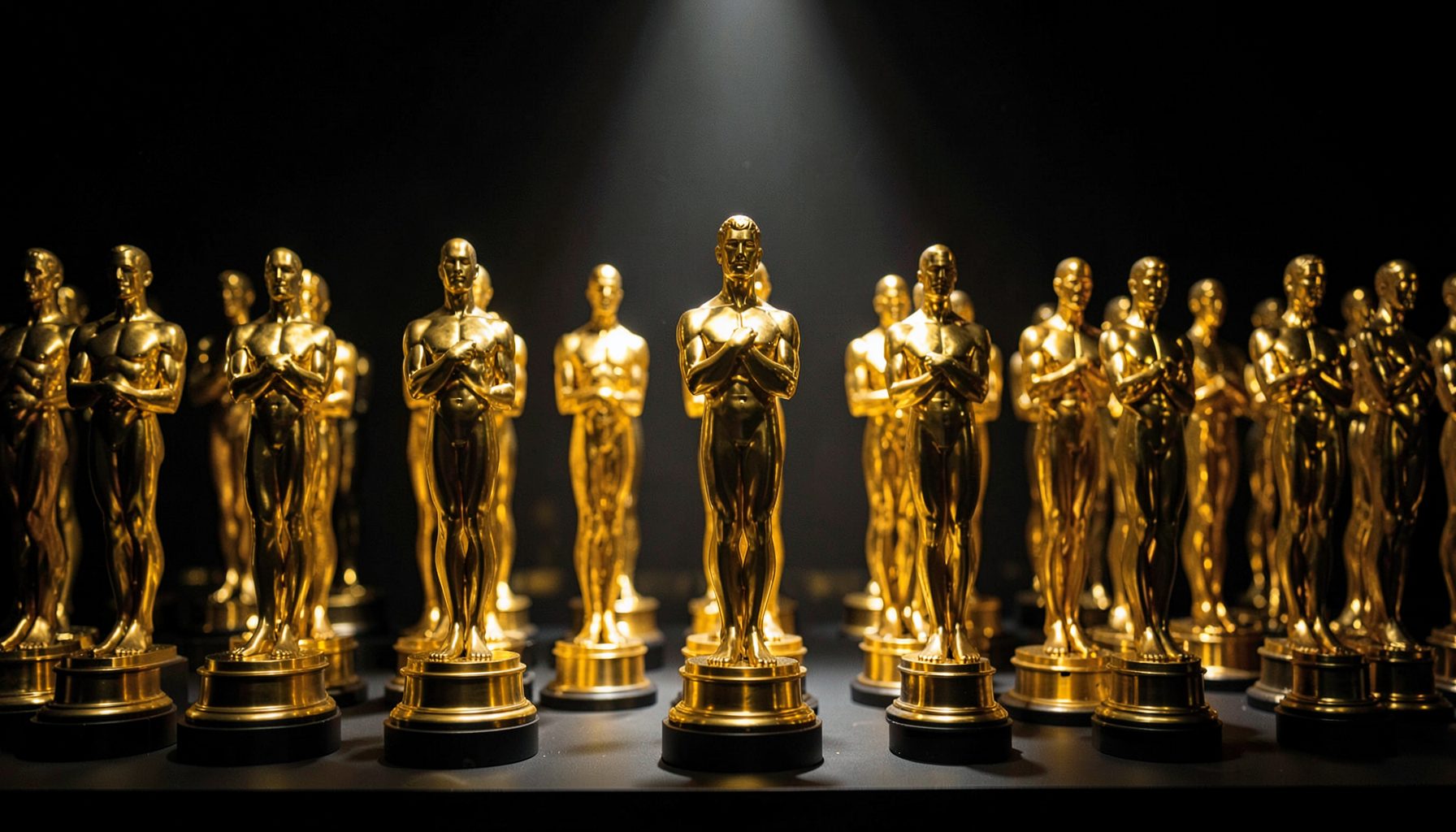 Rows of golden Oscar statuettes on display, dramatic spotlighting against a dark backdrop