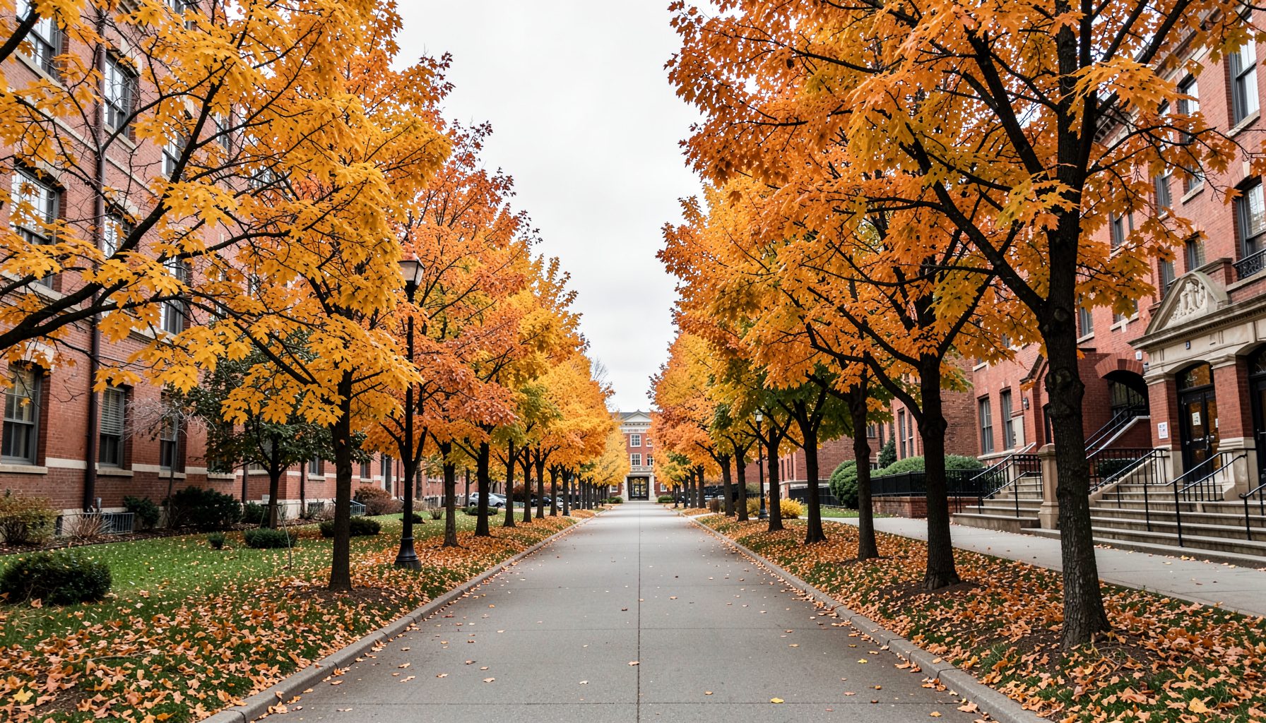 University campus pathway lined with trees in autumn, golden and amber foliage, overcast sky