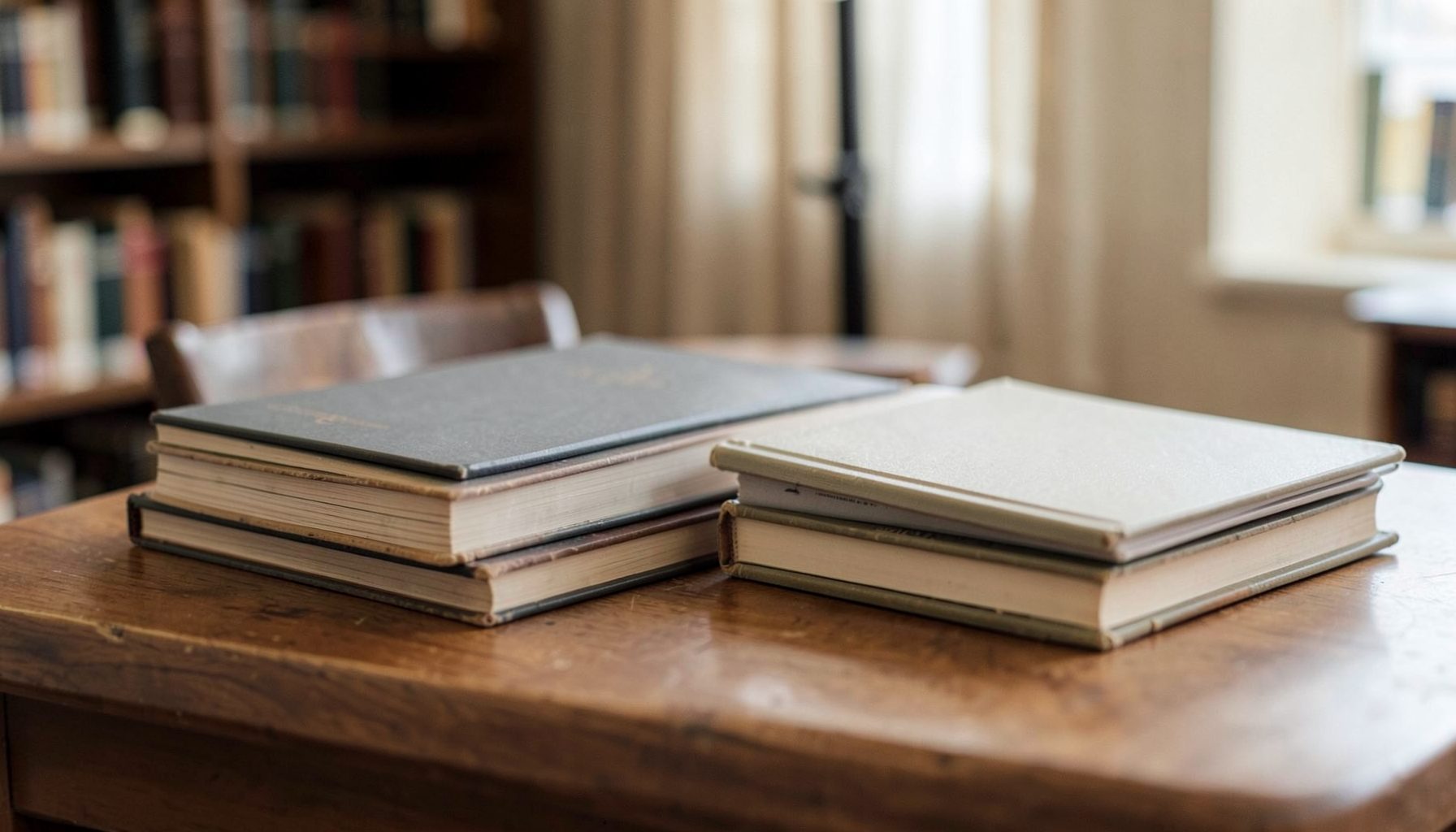 Stack of textbooks and notebooks on a library table, soft natural light, muted browns and creams
