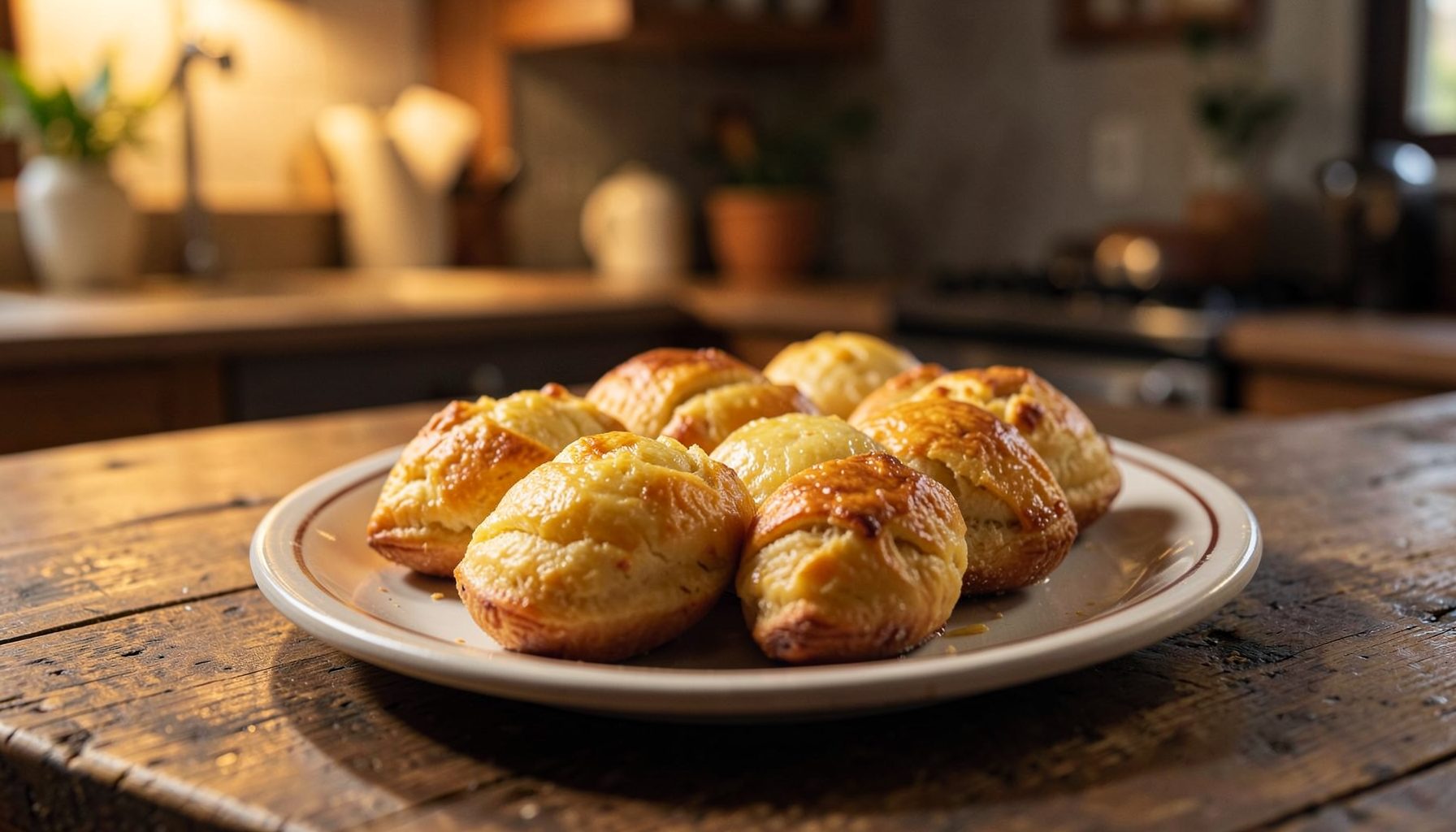 A plate of golden baked pastries on a rustic kitchen counter under warm cozy lighting