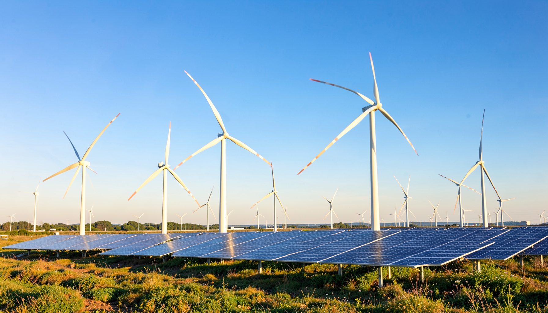 Wind turbines and solar panels under a bright blue sky in a clean energy landscape with warm sunlight