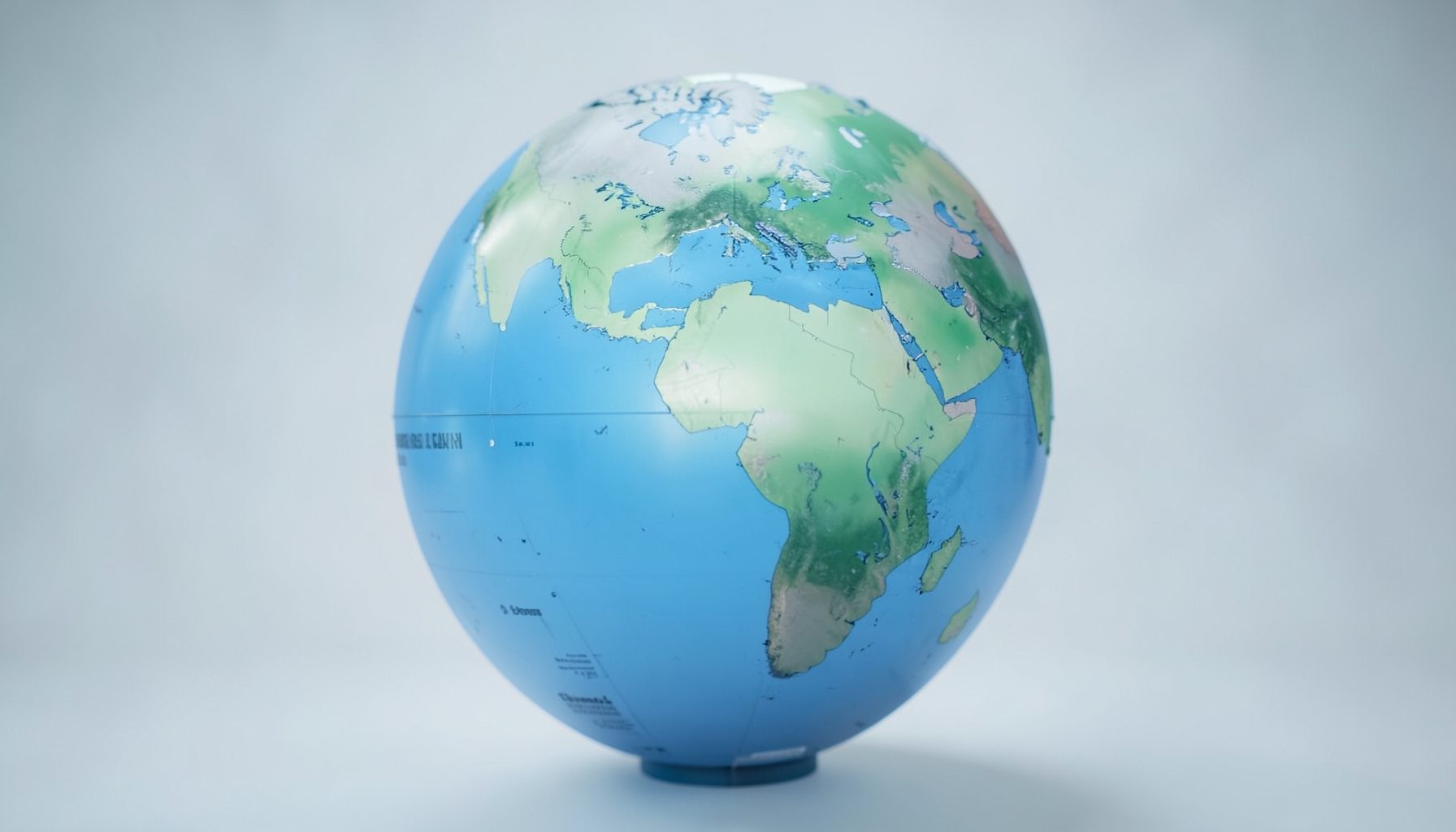 A globe with highlighted regions, soft blue and green tones, representing international health cooperation