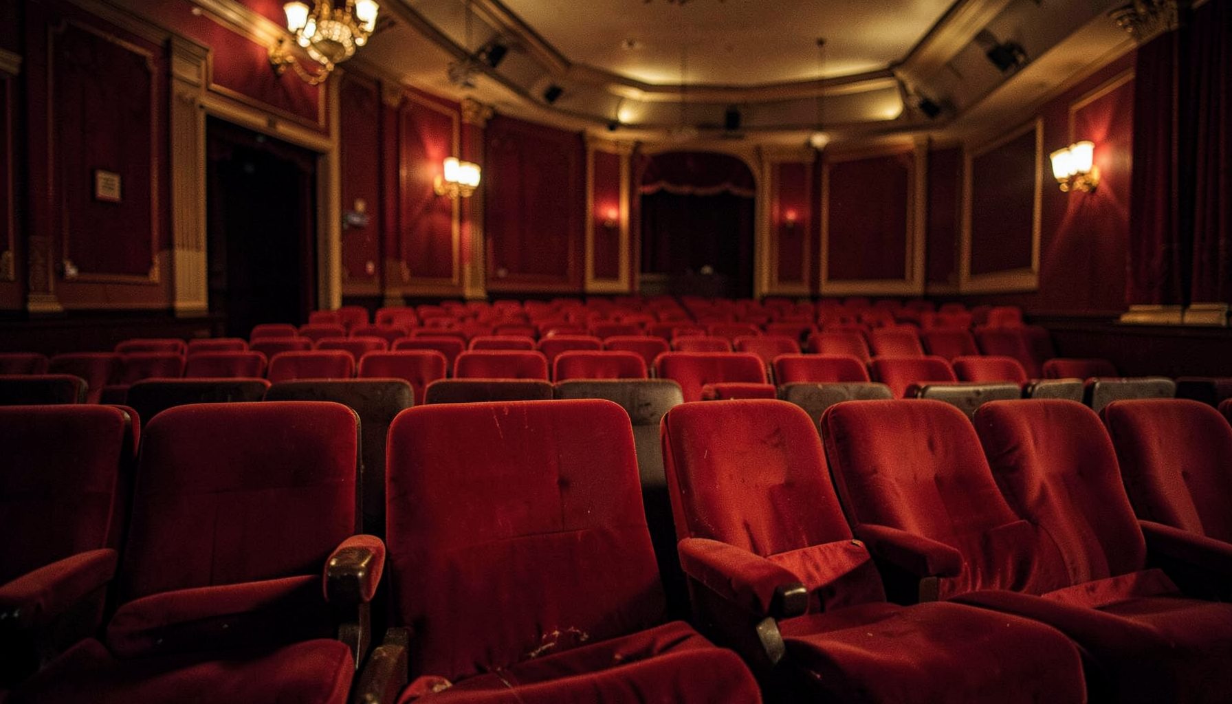 Classic movie theater interior with red velvet seats and soft golden lighting, nostalgic and warm