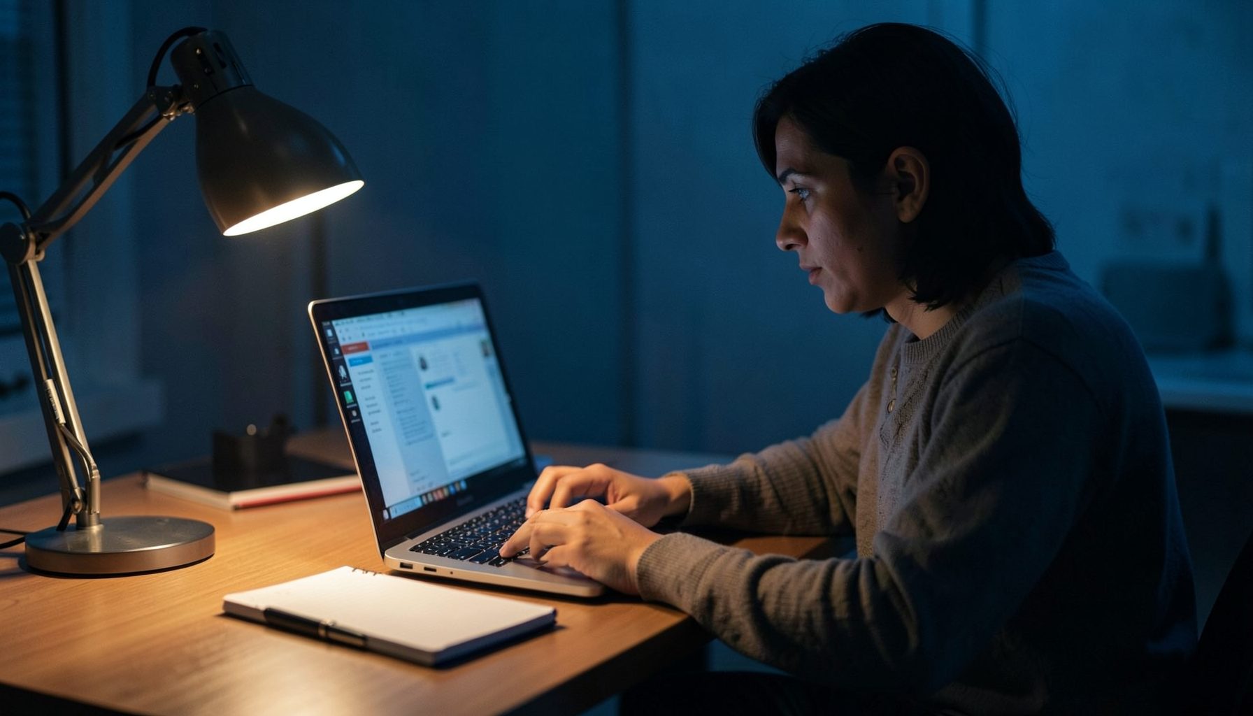 Student using a laptop at a desk with a notebook and pen, warm desk-lamp glow, dark blue evening tones