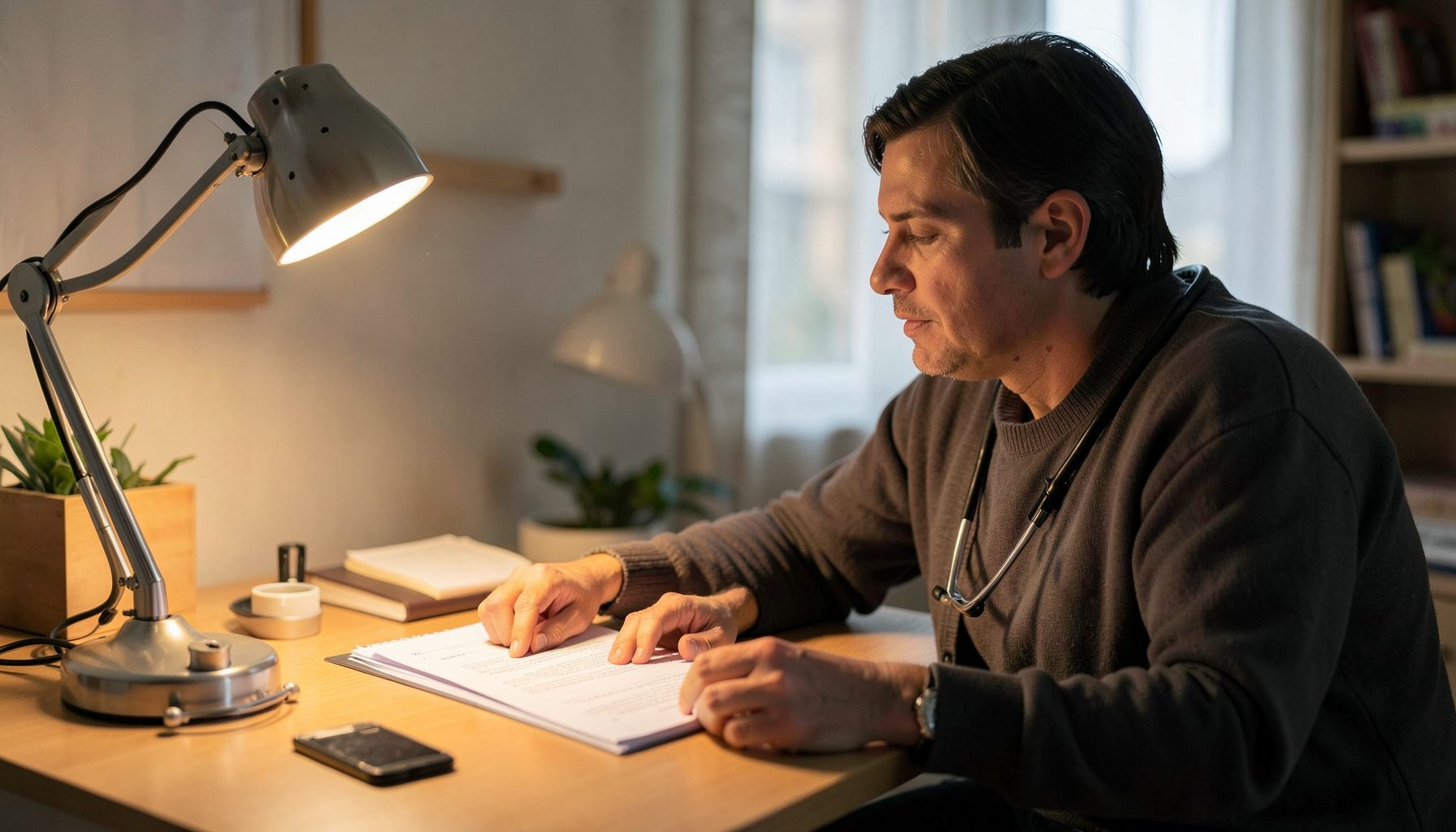A person reviewing documents at a desk with a stethoscope nearby, warm desk-lamp lighting, home-office health planning scene