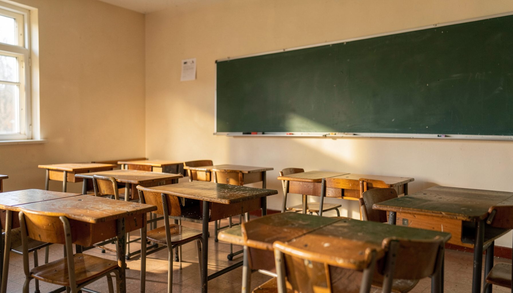 A quiet classroom with wooden desks in warm afternoon light, soft beige walls and green chalkboard