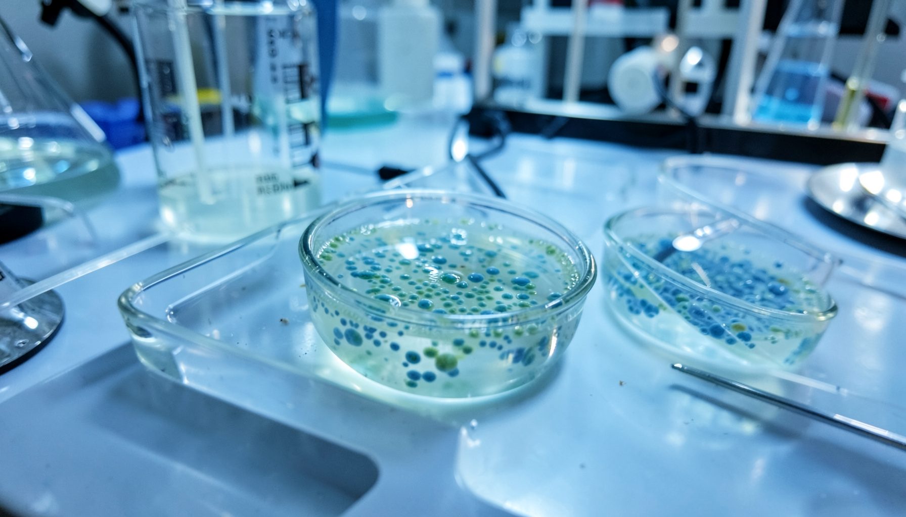 Petri dishes with bacterial cultures under lab lighting