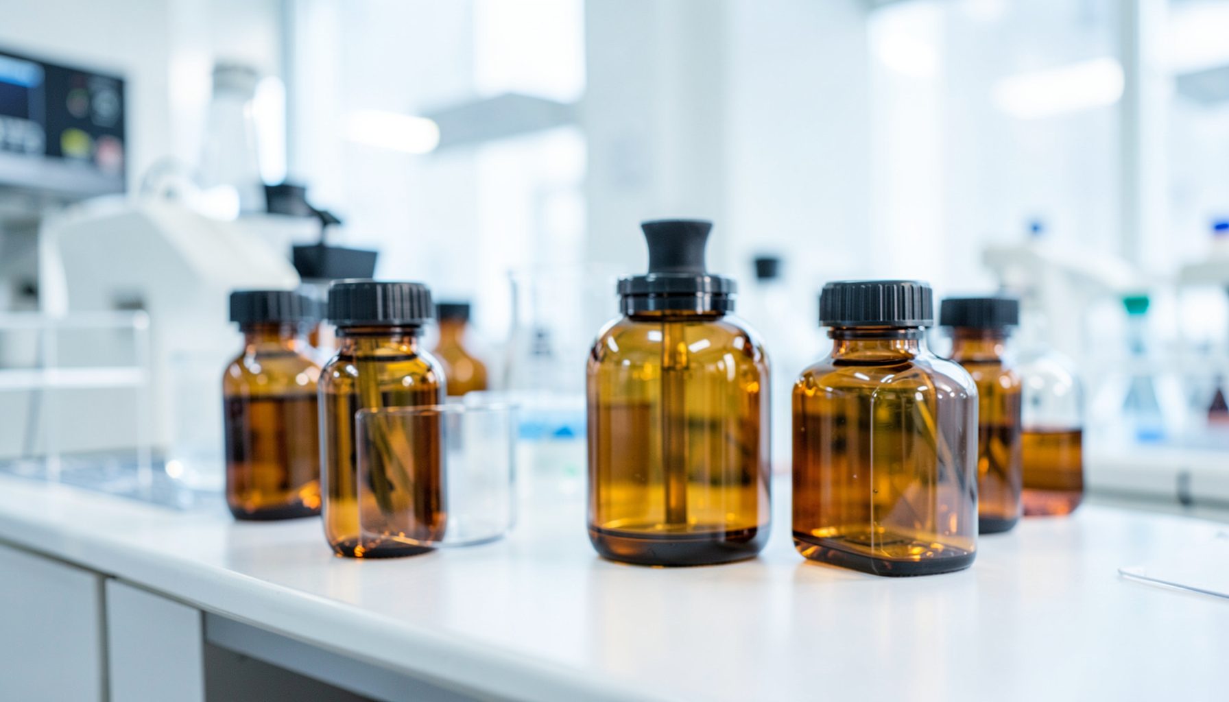 A laboratory setting with amber vials and soft clinical lighting in a clean scientific look