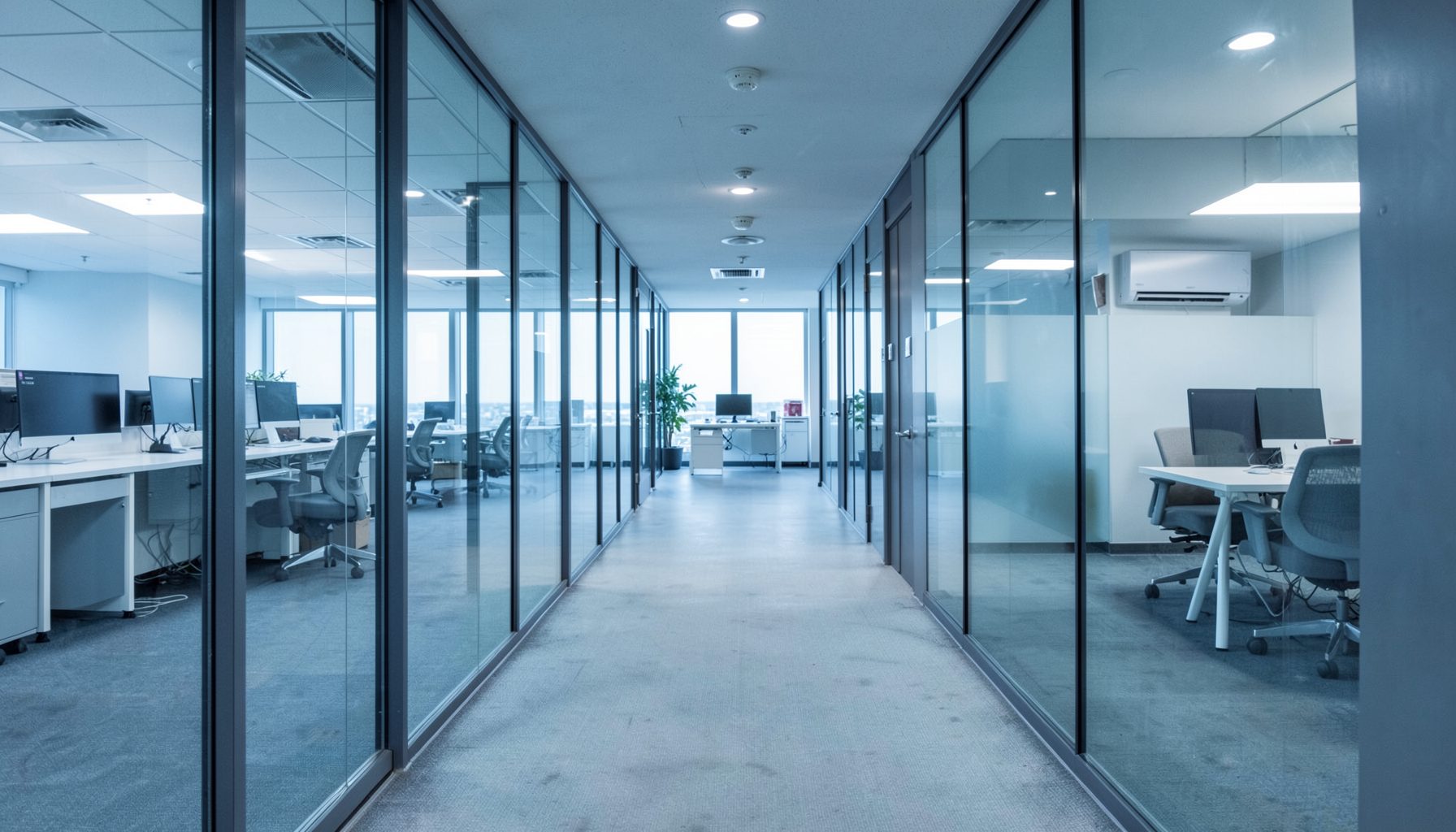 Corporate office hallway with glass walls and muted blue-gray tones, suggesting a large tech company workplace