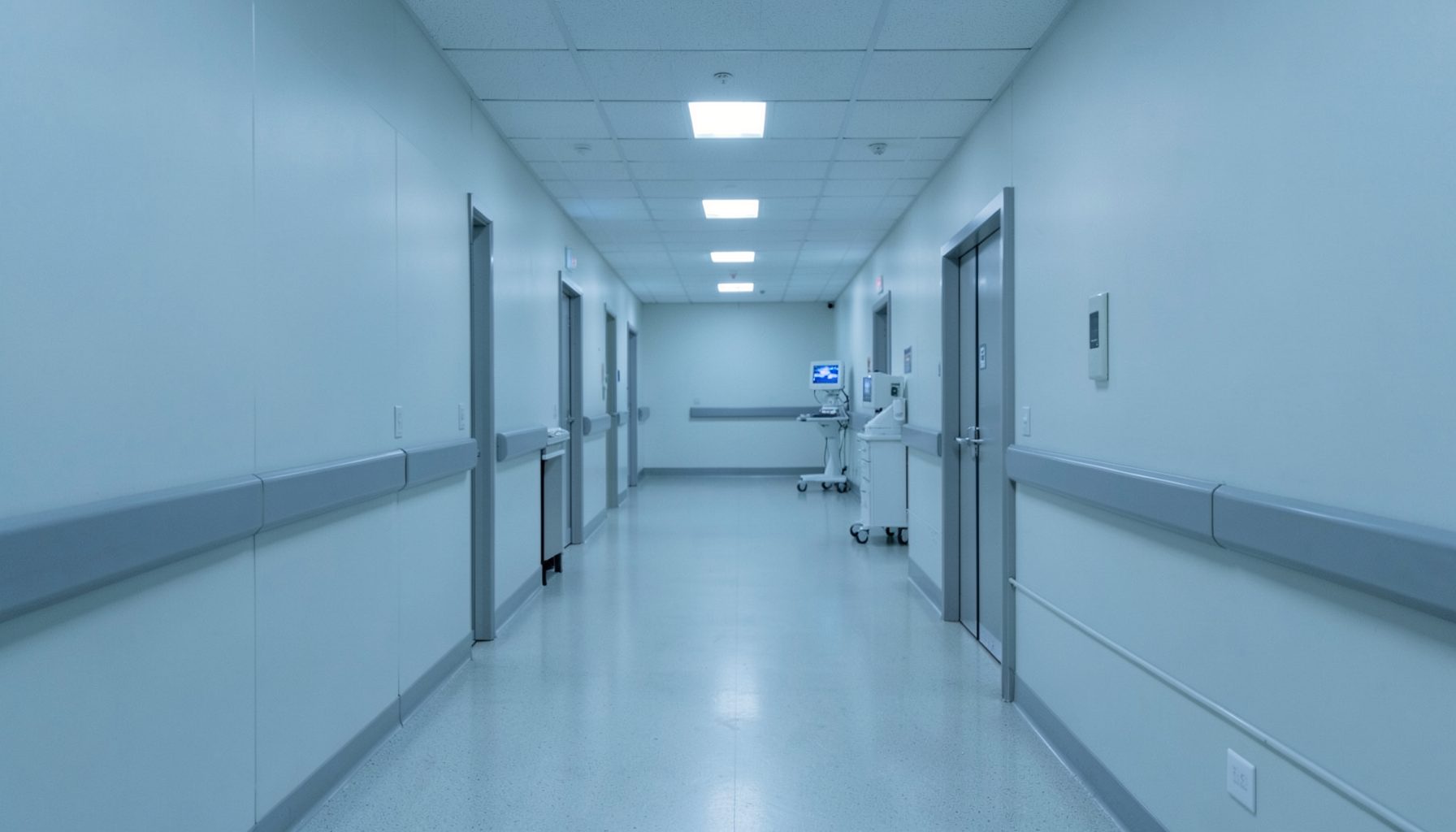 A quiet hospital corridor with soft blue-gray lighting and medical equipment in a calm clinical atmosphere