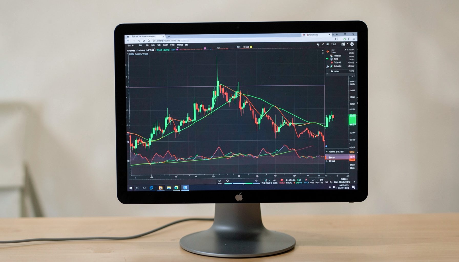 Computer monitor displaying stock market charts with candlestick patterns and indicator lines in green and red