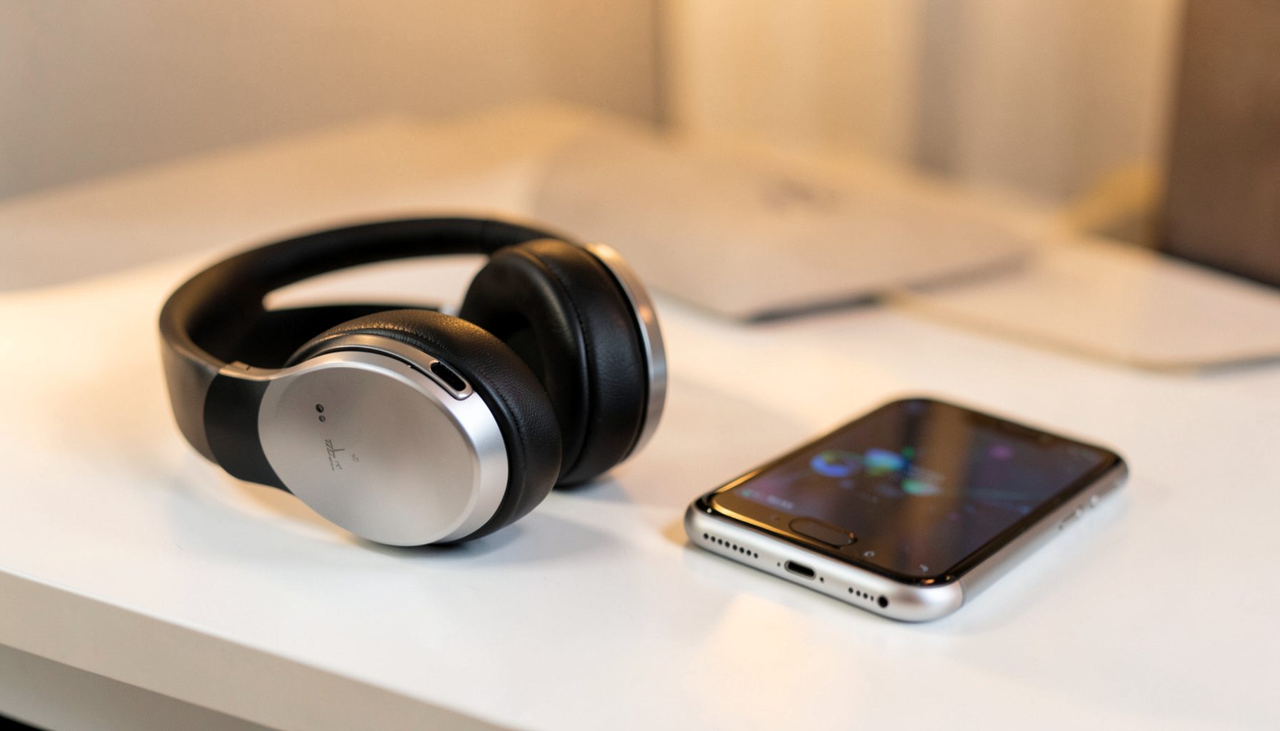 Over-ear wireless headphones in black and silver on a white desk next to a smartphone with warm ambient light