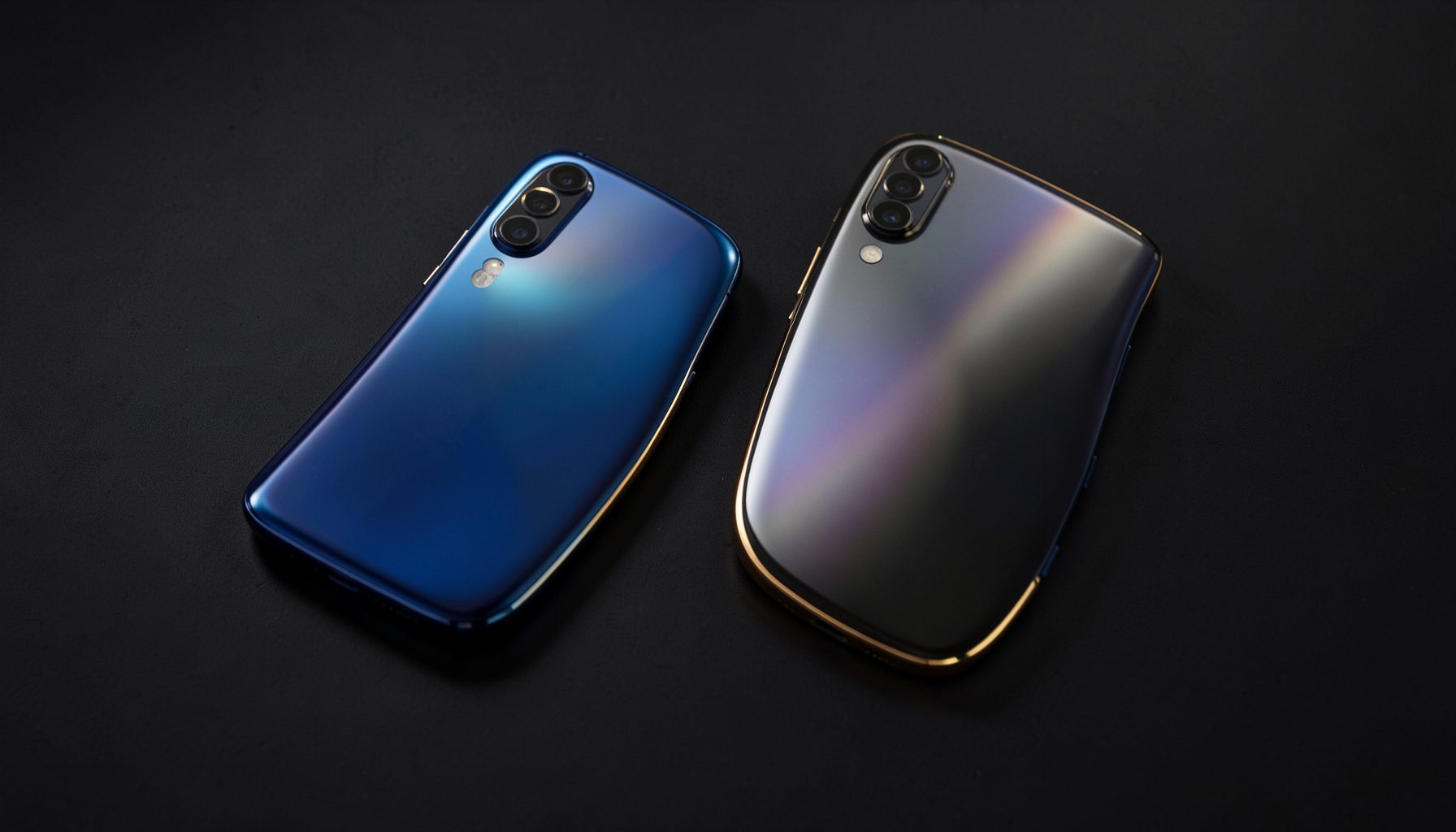 Two sleek smartphones with curved glass backs in deep blue and gold resting on a dark surface with soft studio lighting