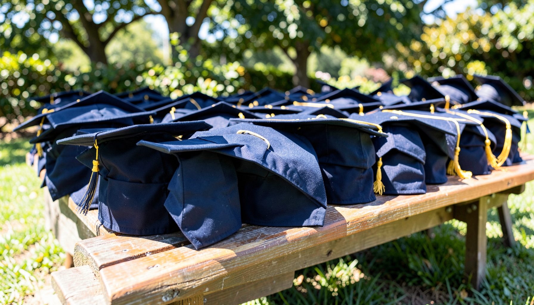 Graduation caps lined up on a bench, bright sunny day, navy blue and gold accents