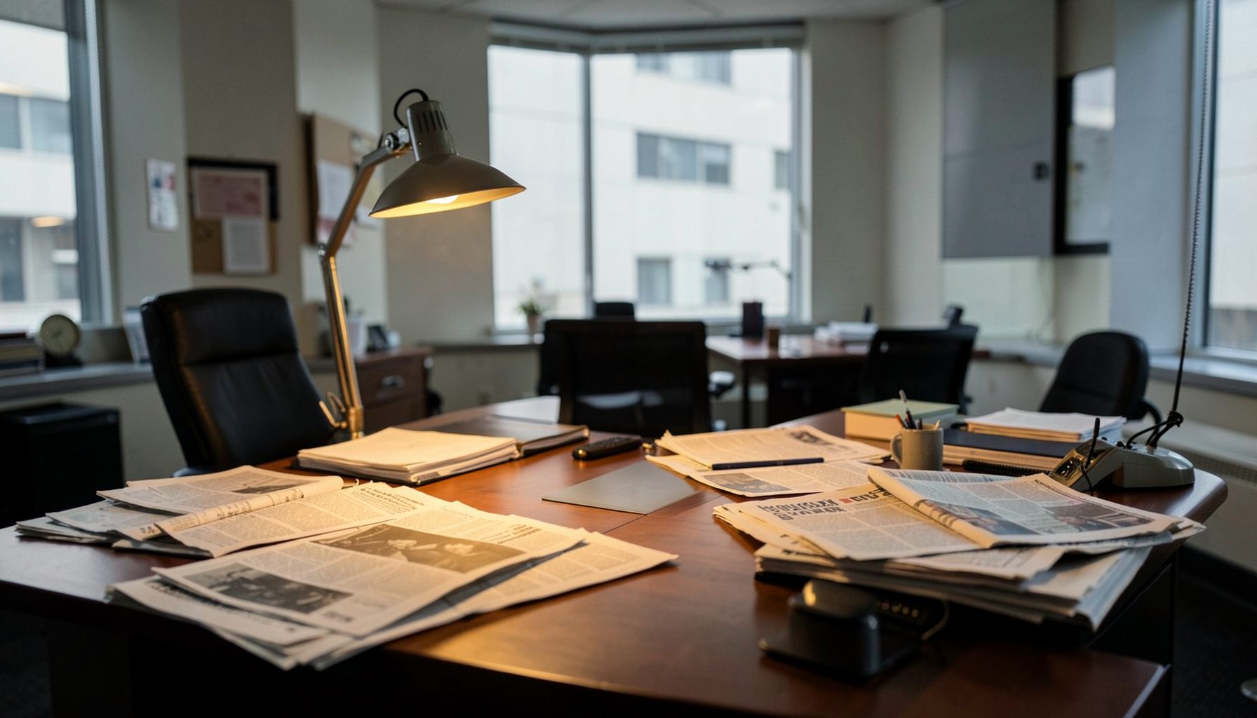 A wide newsroom desk with scattered newspapers and a warm desk lamp glow in an editorial atmosphere