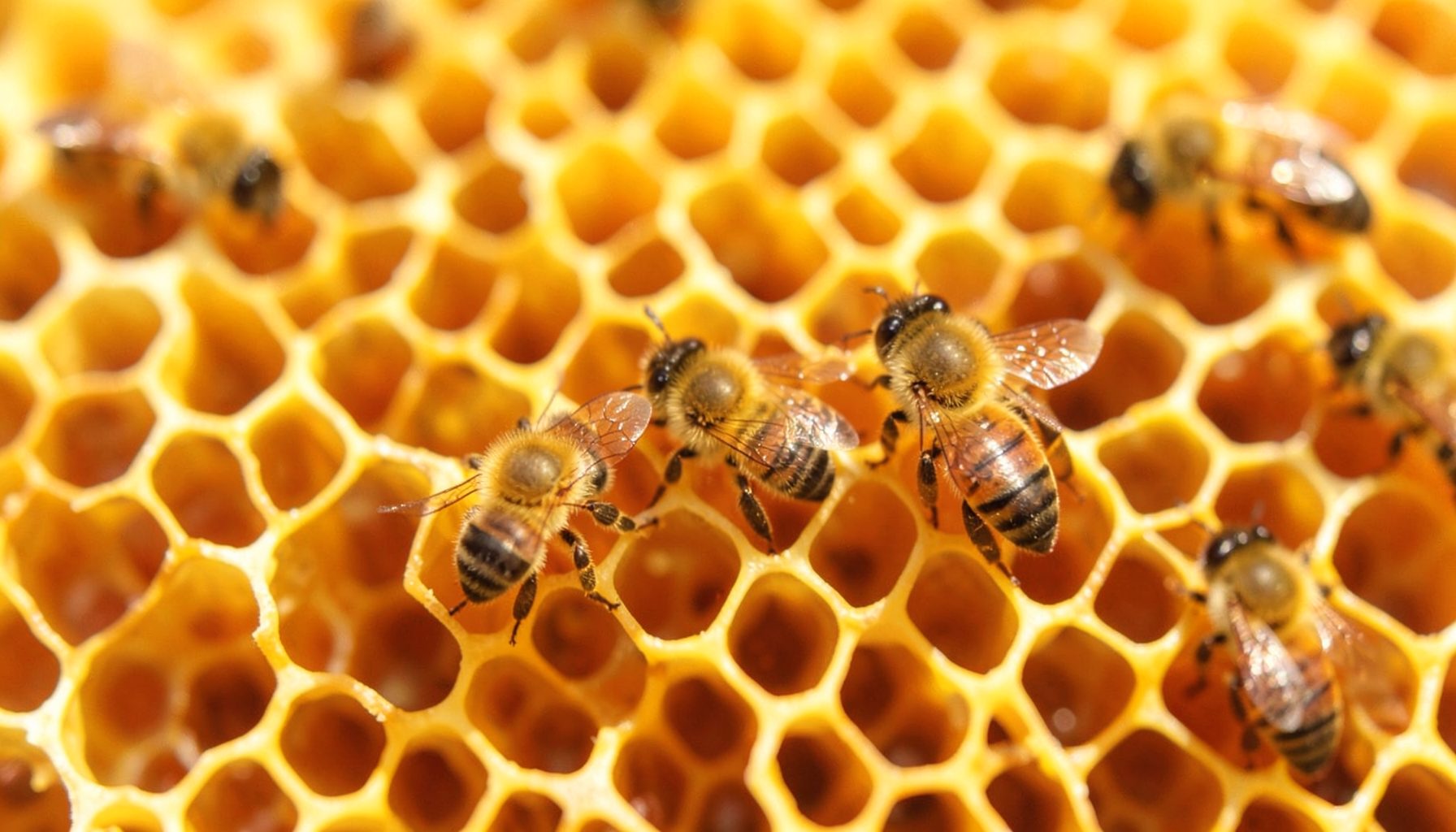 Close-up of honeybees on golden honeycomb with warm amber tones