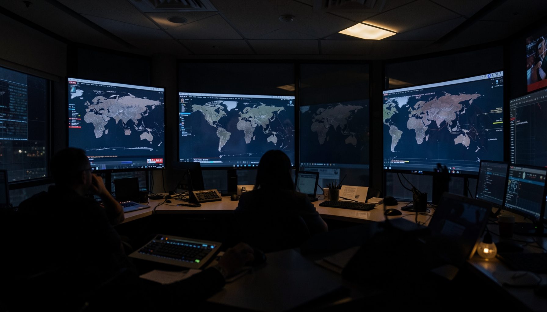 A dimly lit newsroom with world maps on screens in deep navy and muted amber tones, conveying serious international news