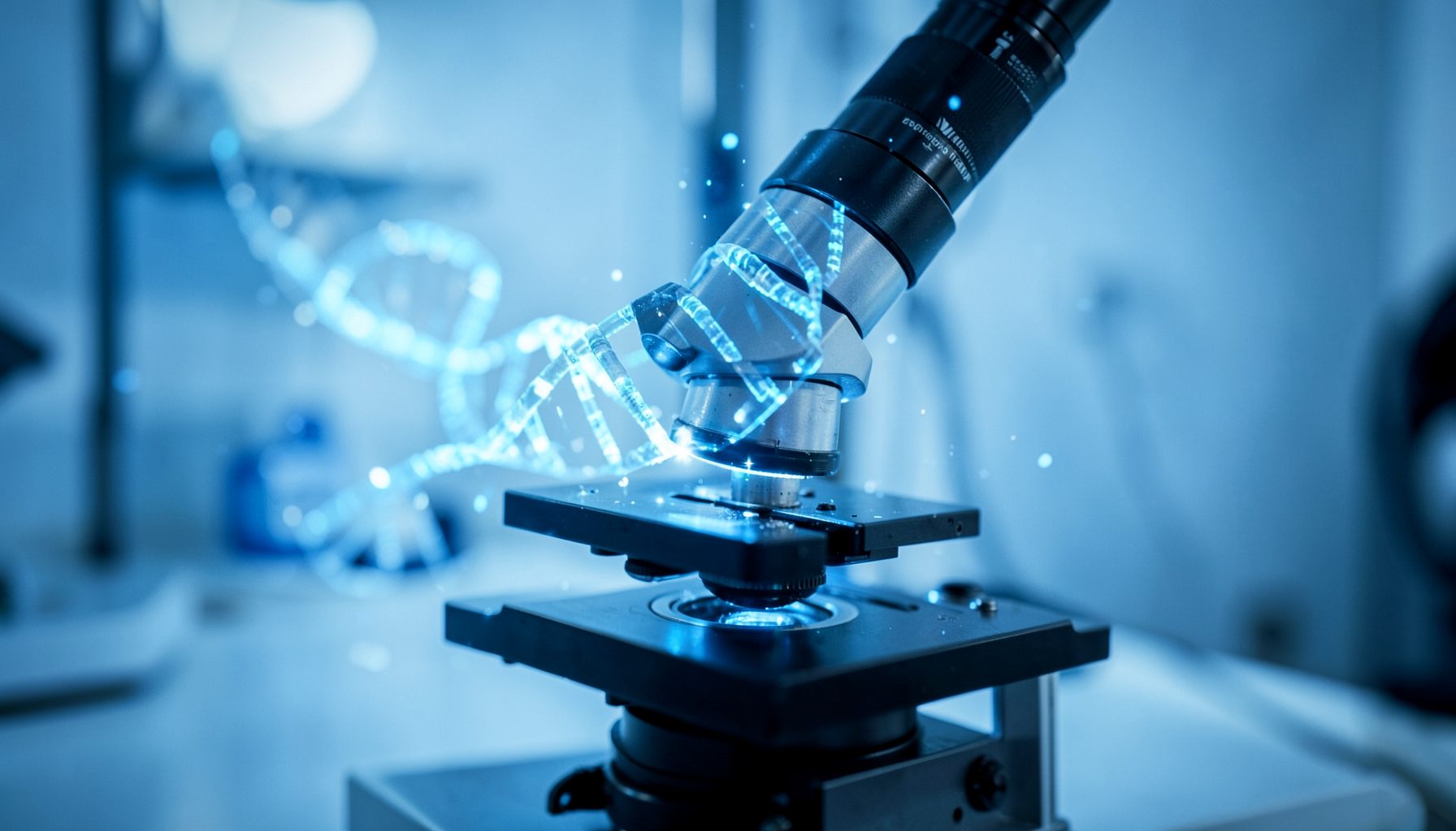 Laboratory microscope with glowing digital DNA helix overlay in cool blue tones