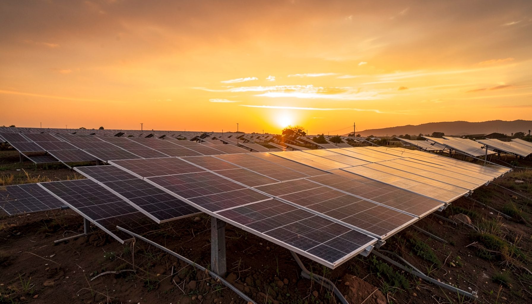 Solar panel array at sunrise with warm orange and gold sky
