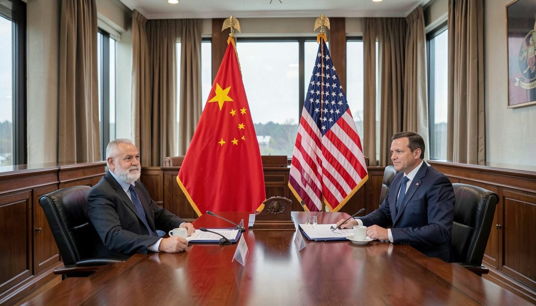 Diplomatic flags of China and the United States side by side in a formal meeting room, symbolizing international diplomacy
