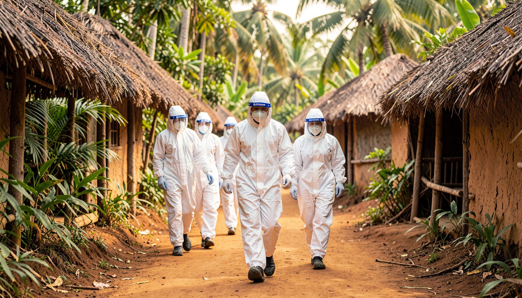 Medical workers in protective gear walking through a tropical village setting in warm earthy tones